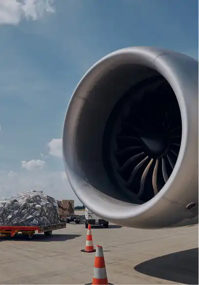 View of an airplane engine during freight forwarding